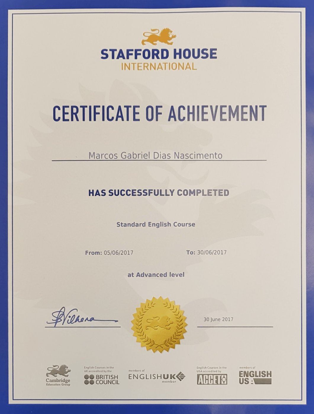 Certificado Stafford House